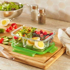 Pyrex® MealBox™ 4-cup Divided Glass Food Storage Container with Green Lid